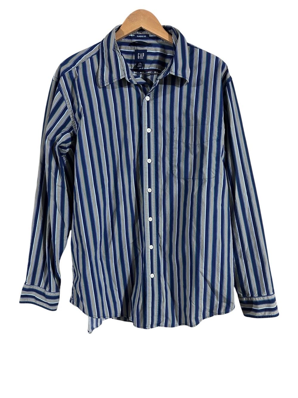 Vintage GAP Men’s Blue Stripe Button-Up Shirt Y2K Size XL